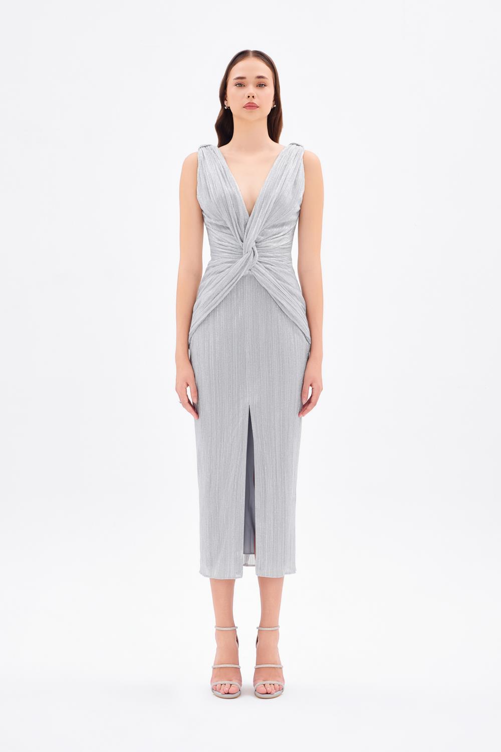 Simli V Yaka Midi Abiye Elbise - 9001C