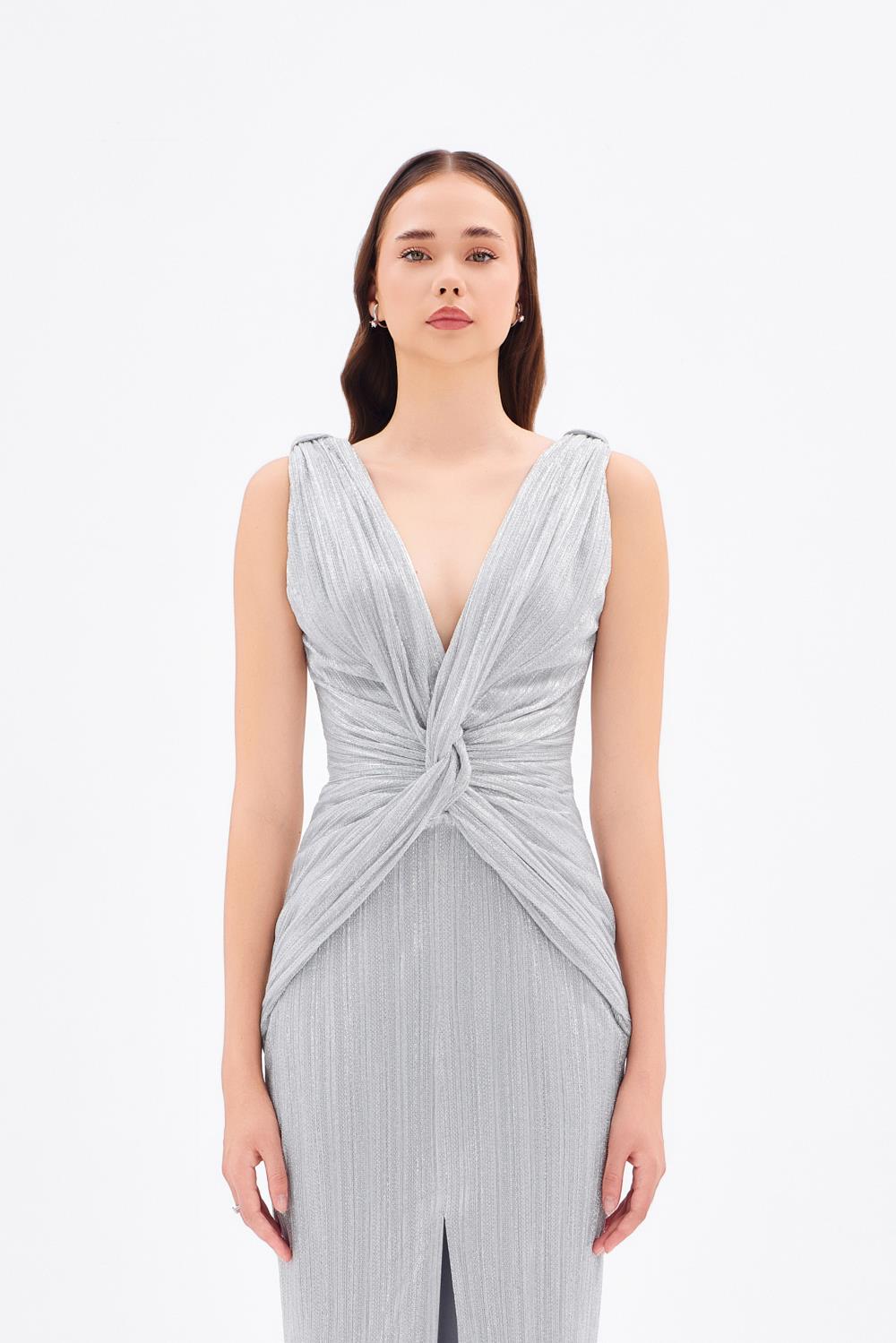 Simli V Yaka Midi Abiye Elbise - 9001C