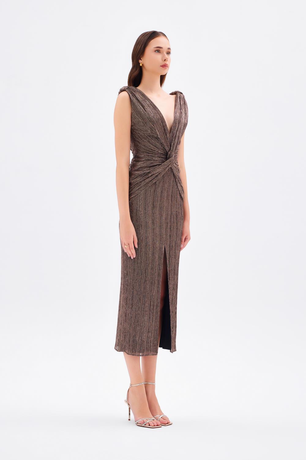 Simli V Yaka Midi Abiye Elbise - 9001C