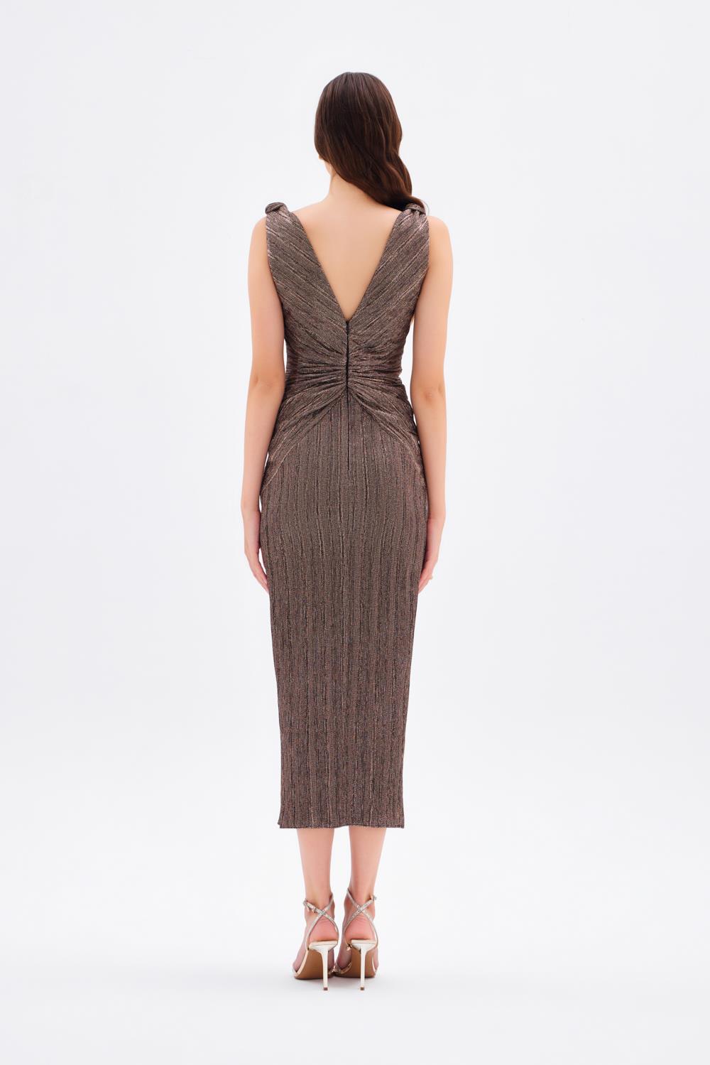 Simli V Yaka Midi Abiye Elbise - 9001C