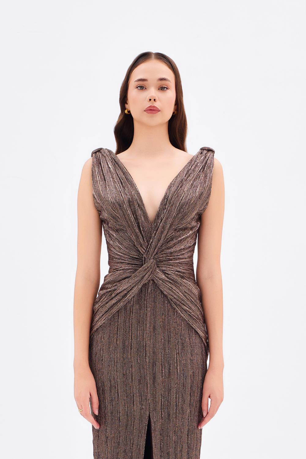 Simli V Yaka Midi Abiye Elbise - 9001C