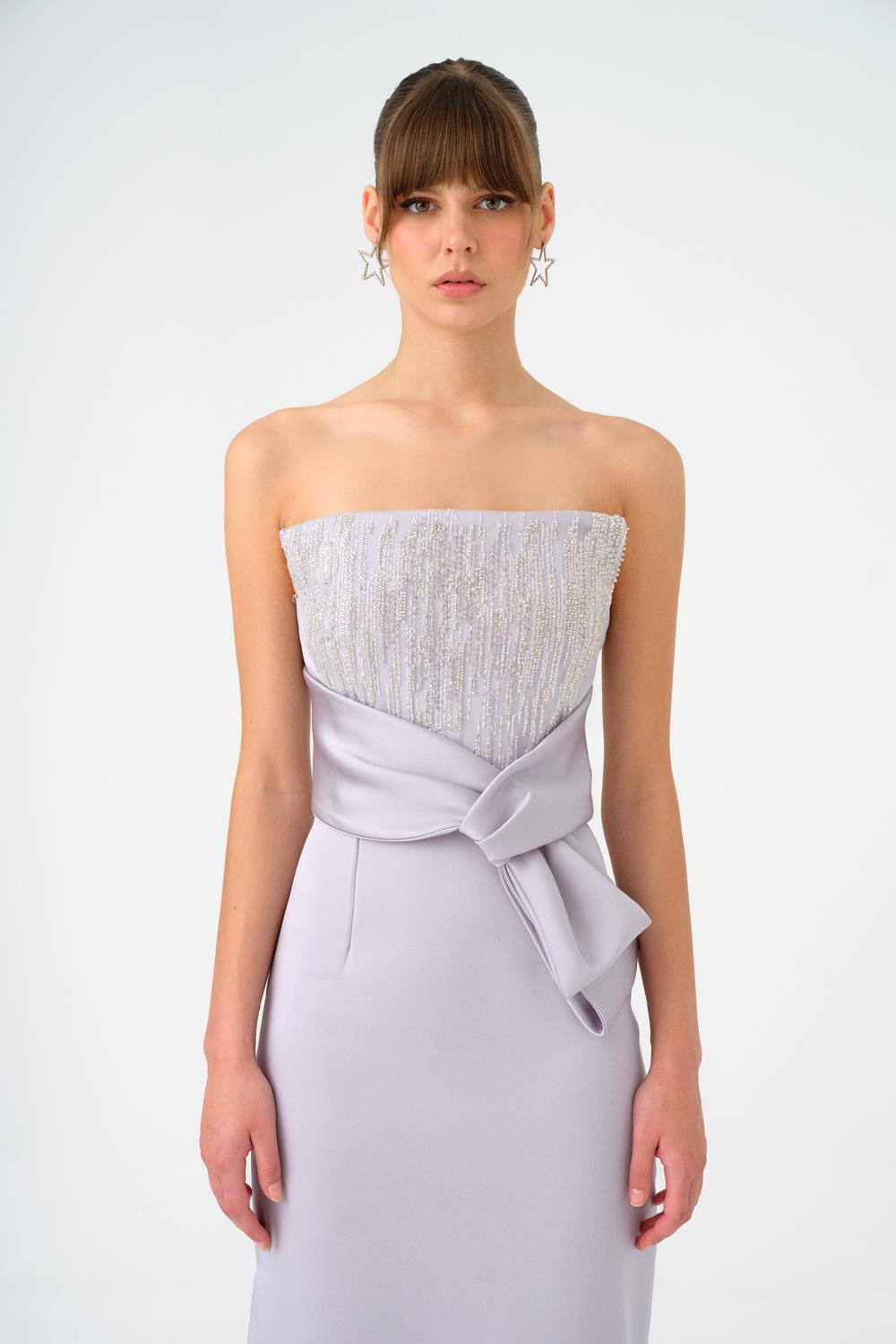 Strapless Collar Straight Cut Satin Evening Dress - 9171C