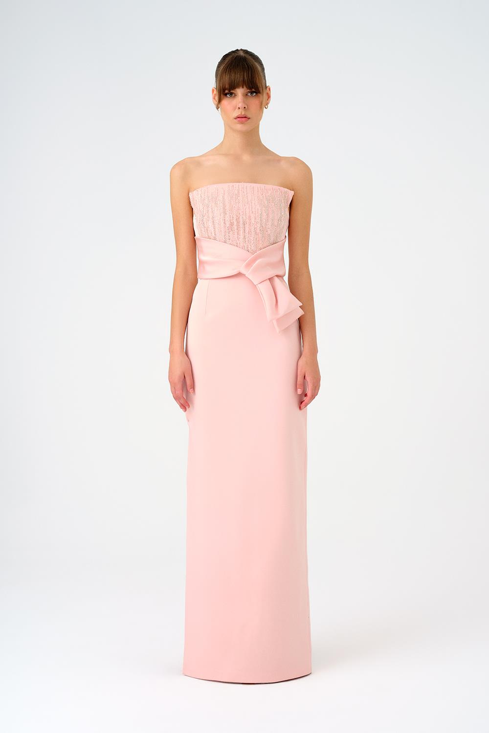 Strapless Collar Straight Cut Satin Evening Dress - 9171C