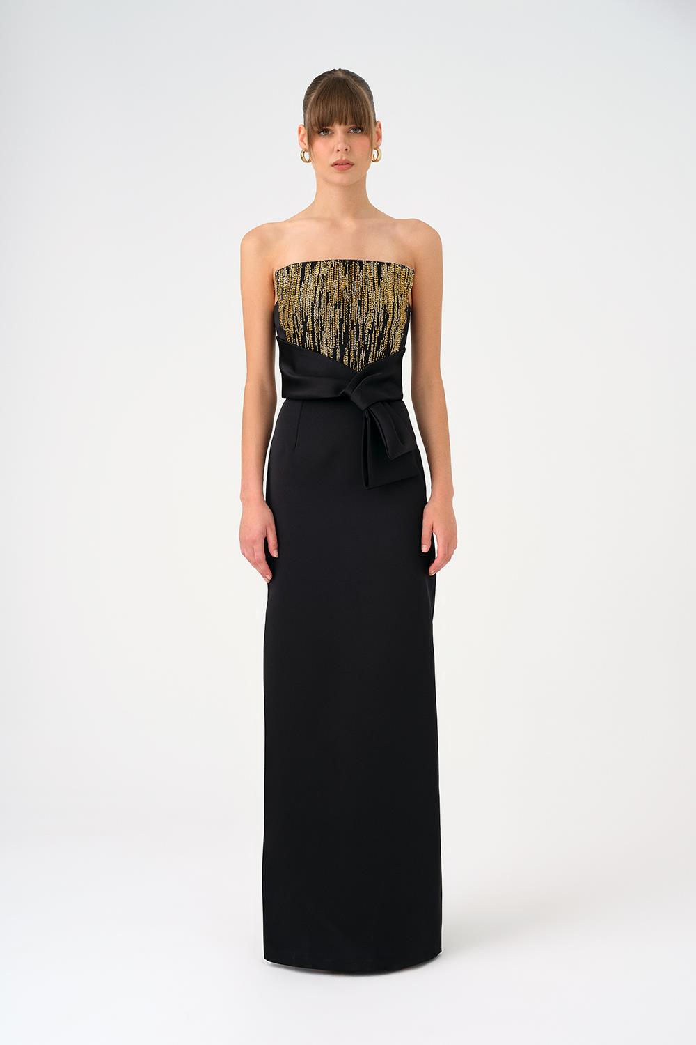 Strapless Collar Straight Cut Satin Evening Dress - 9171C