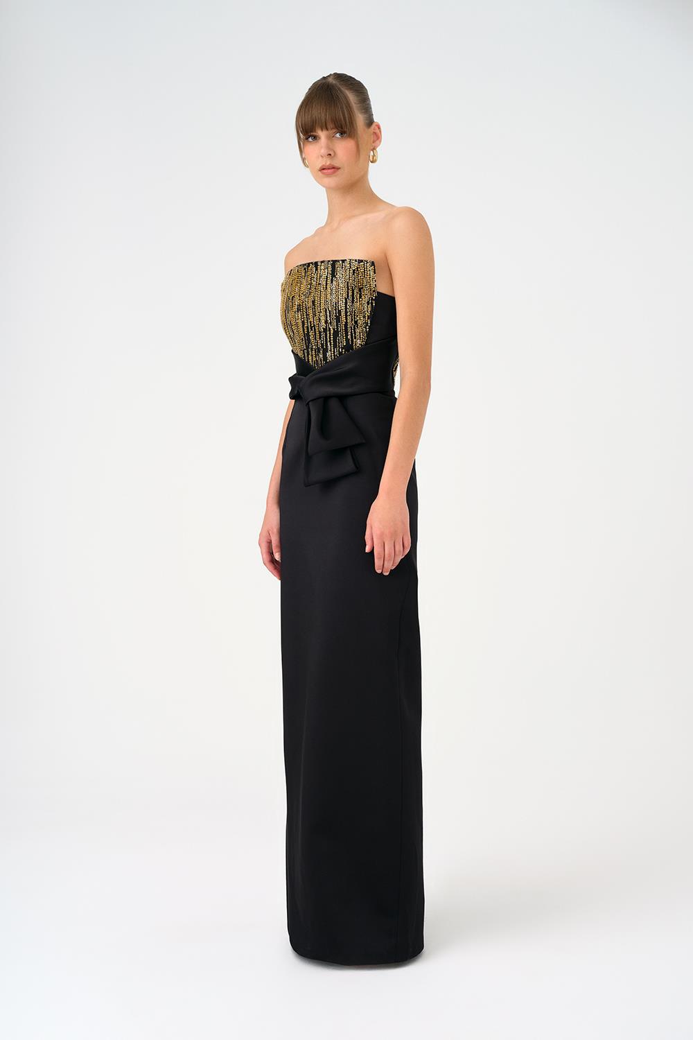 Strapless Collar Straight Cut Satin Evening Dress - 9171C