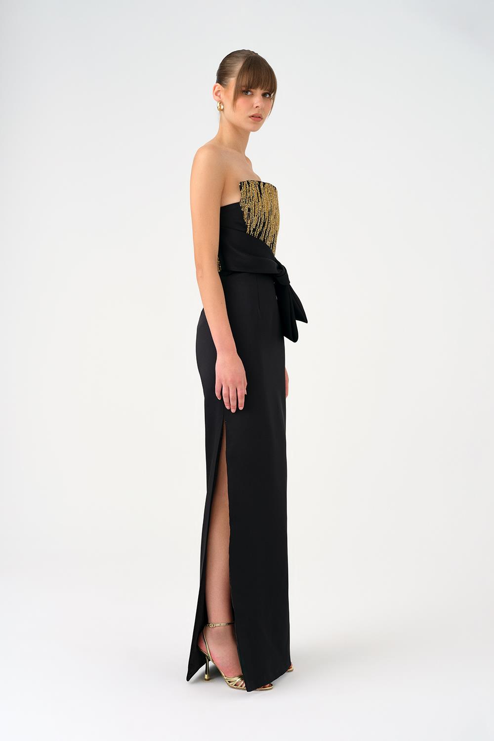 Strapless Collar Straight Cut Satin Evening Dress - 9171C