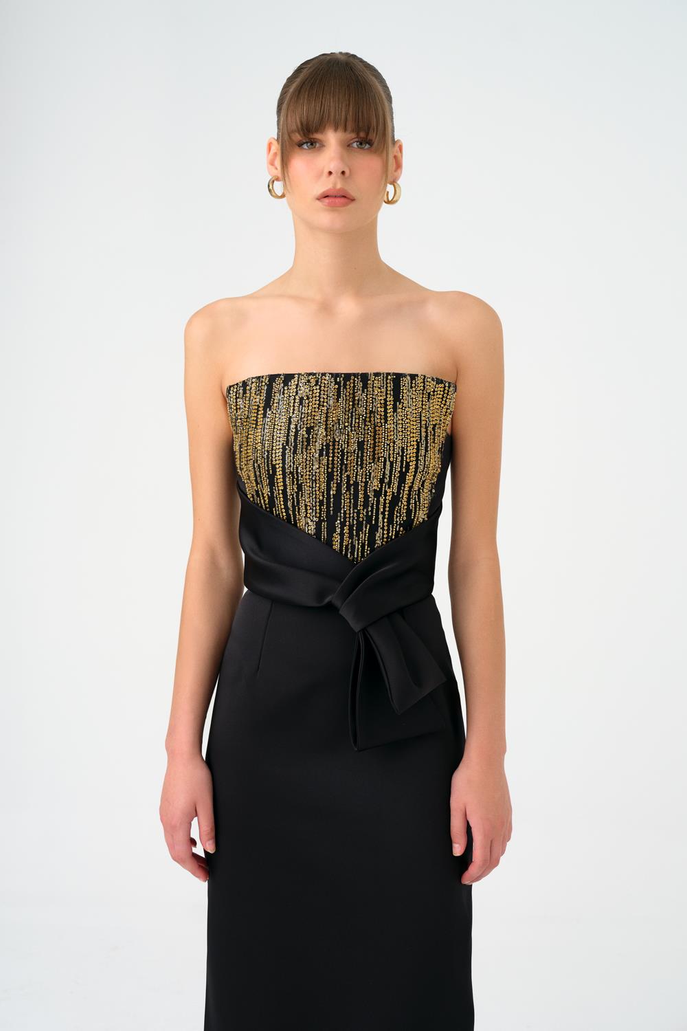 Strapless Collar Straight Cut Satin Evening Dress - 9171C