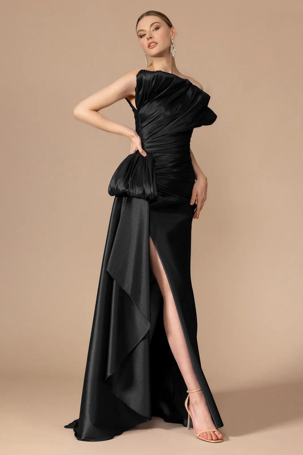 Straplez Yaka Drapeli Yırtmaçlı Uzun Abiye Elbise - 7056