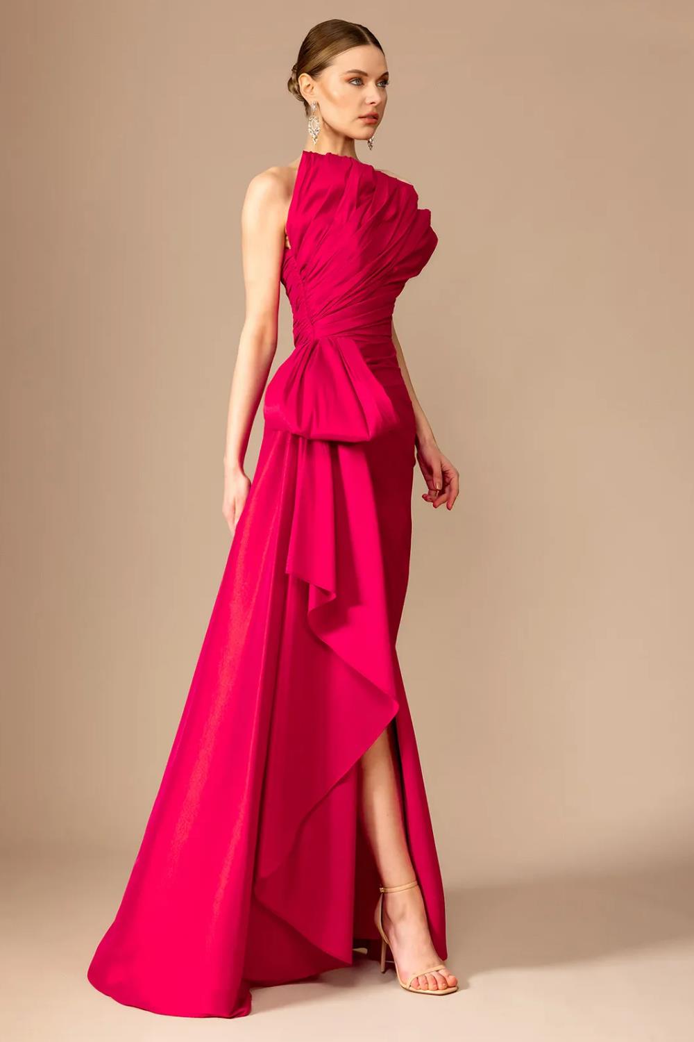 Straplez Yaka Drapeli Yırtmaçlı Uzun Abiye Elbise - 7056