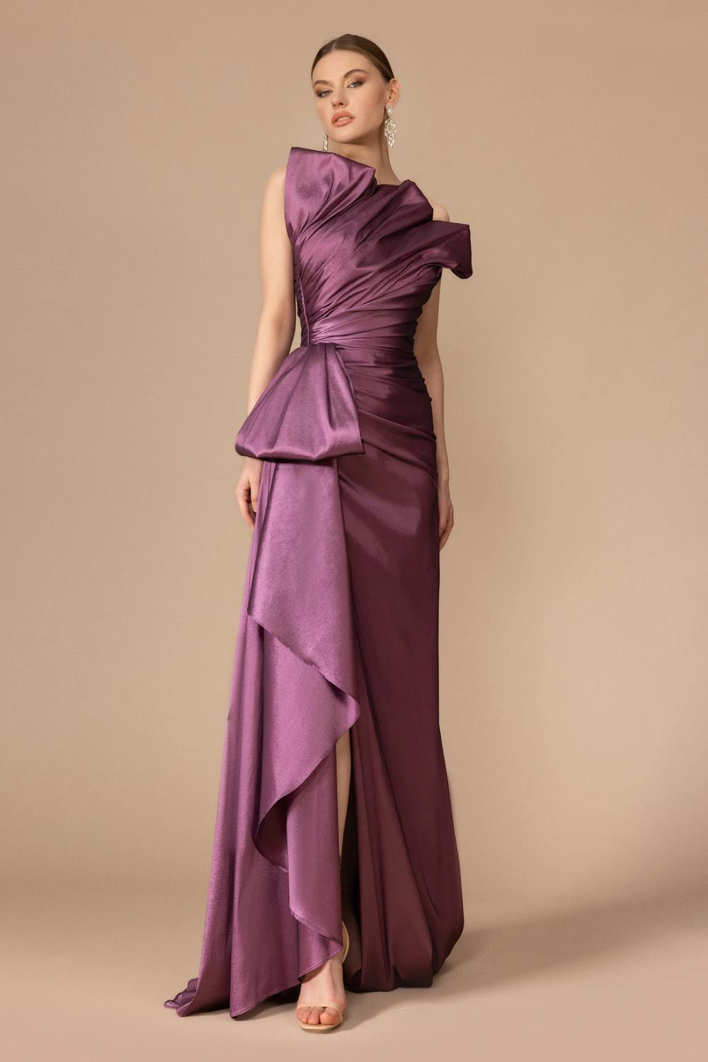 Straplez Yaka Drapeli Yırtmaçlı Uzun Abiye Elbise - 7056