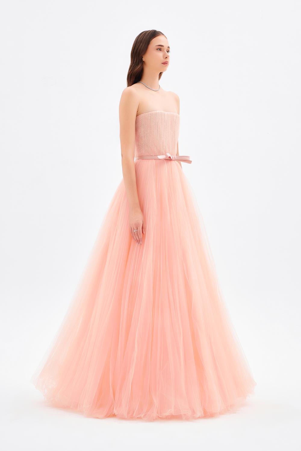 Straplez Yaka Piliseli Uzun Abiye Elbise - 9198C