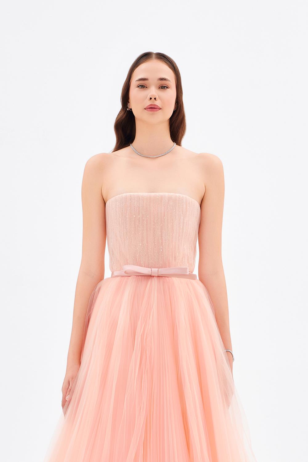 Straplez Yaka Piliseli Uzun Abiye Elbise - 9198C