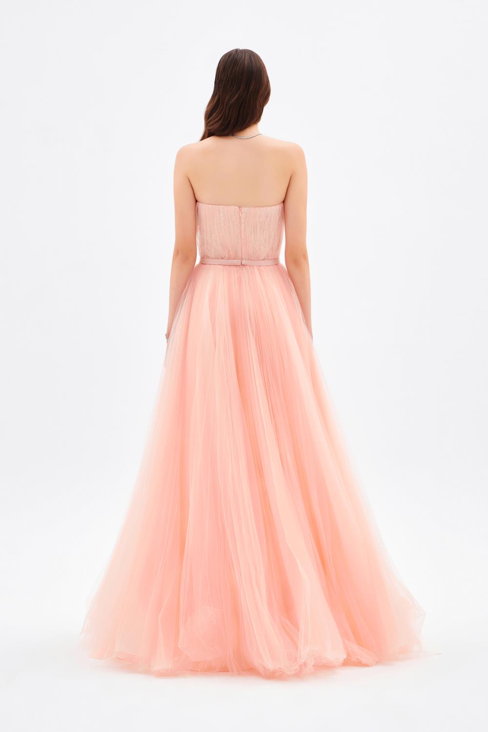 Straplez Yaka Piliseli Uzun Abiye Elbise - 9198C