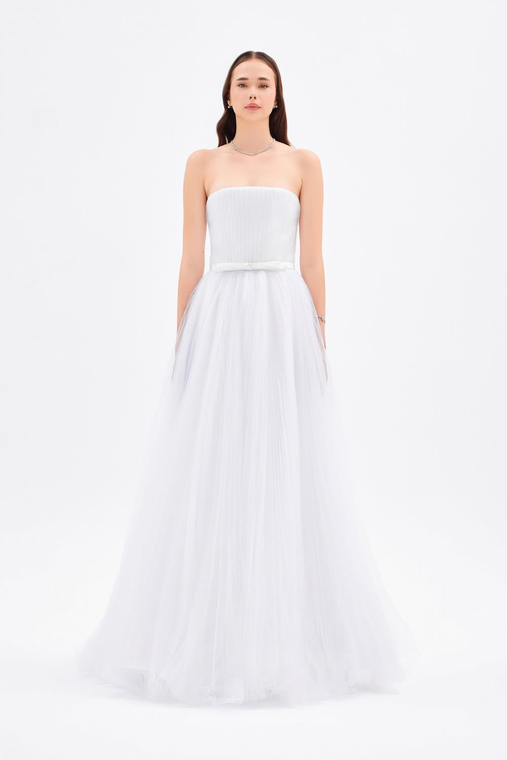 Straplez Yaka Piliseli Uzun Abiye Elbise - 9198C