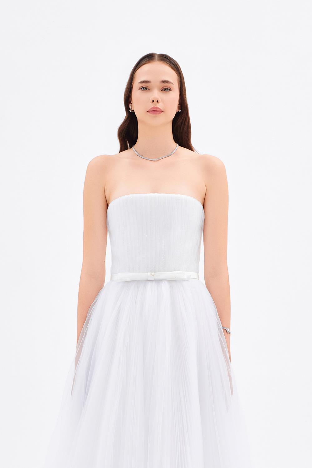 Straplez Yaka Piliseli Uzun Abiye Elbise - 9198C