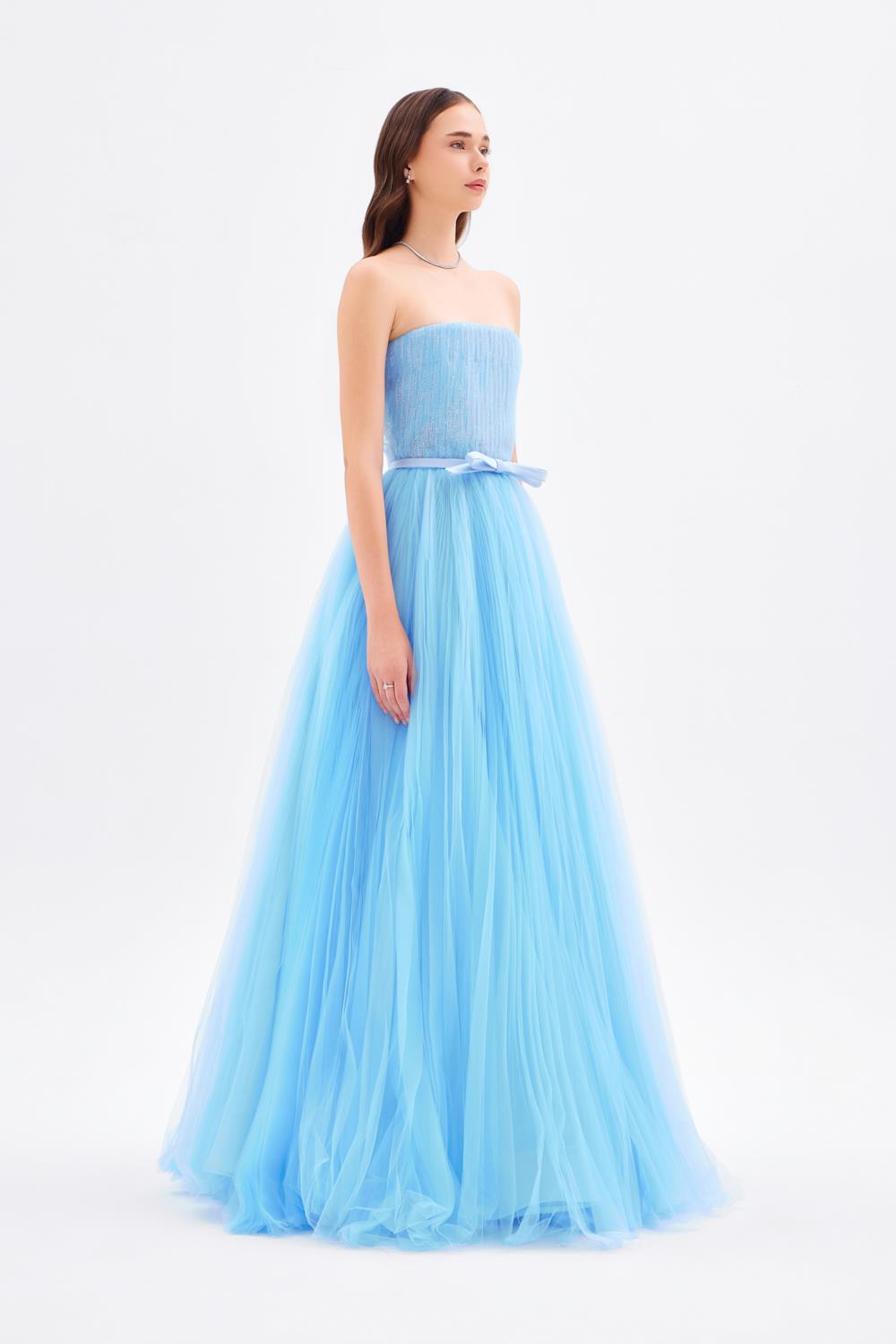 Straplez Yaka Piliseli Uzun Abiye Elbise - 9198C