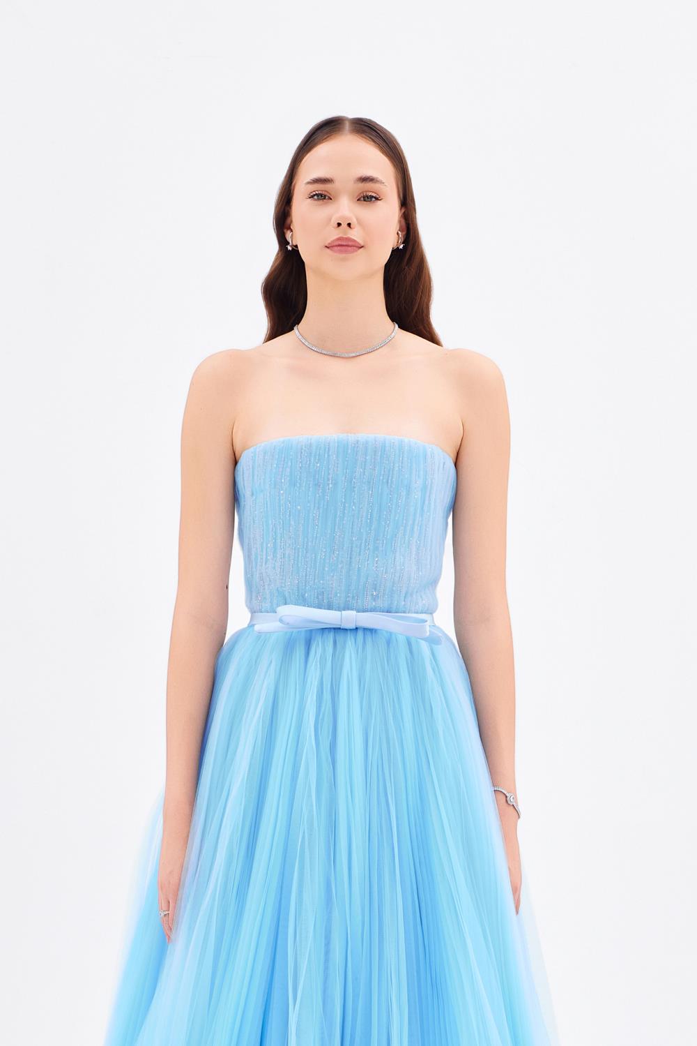 Straplez Yaka Piliseli Uzun Abiye Elbise - 9198C