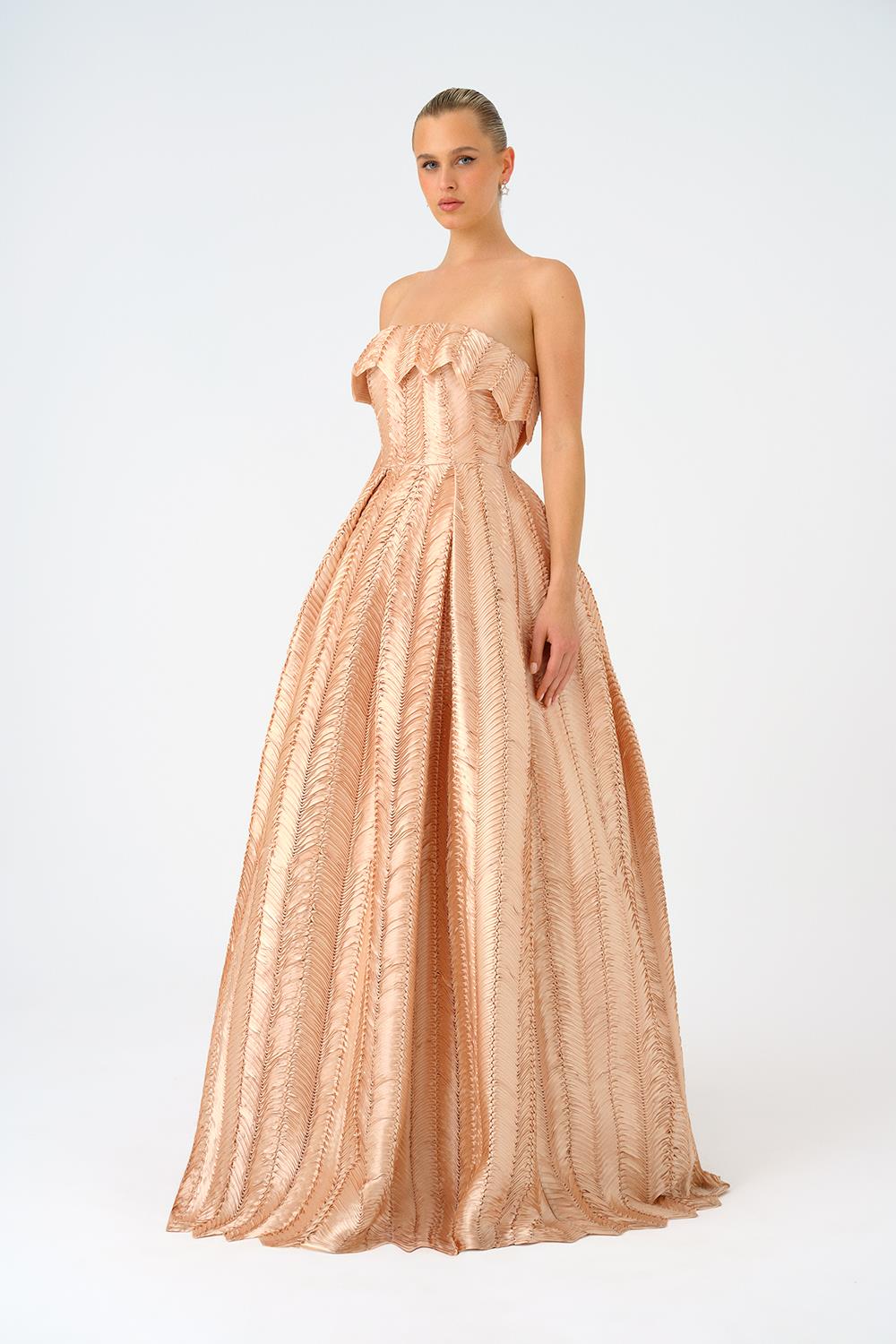 Straplez Yaka Prenses Kesim Uzun Abiye Elbise - 9050C