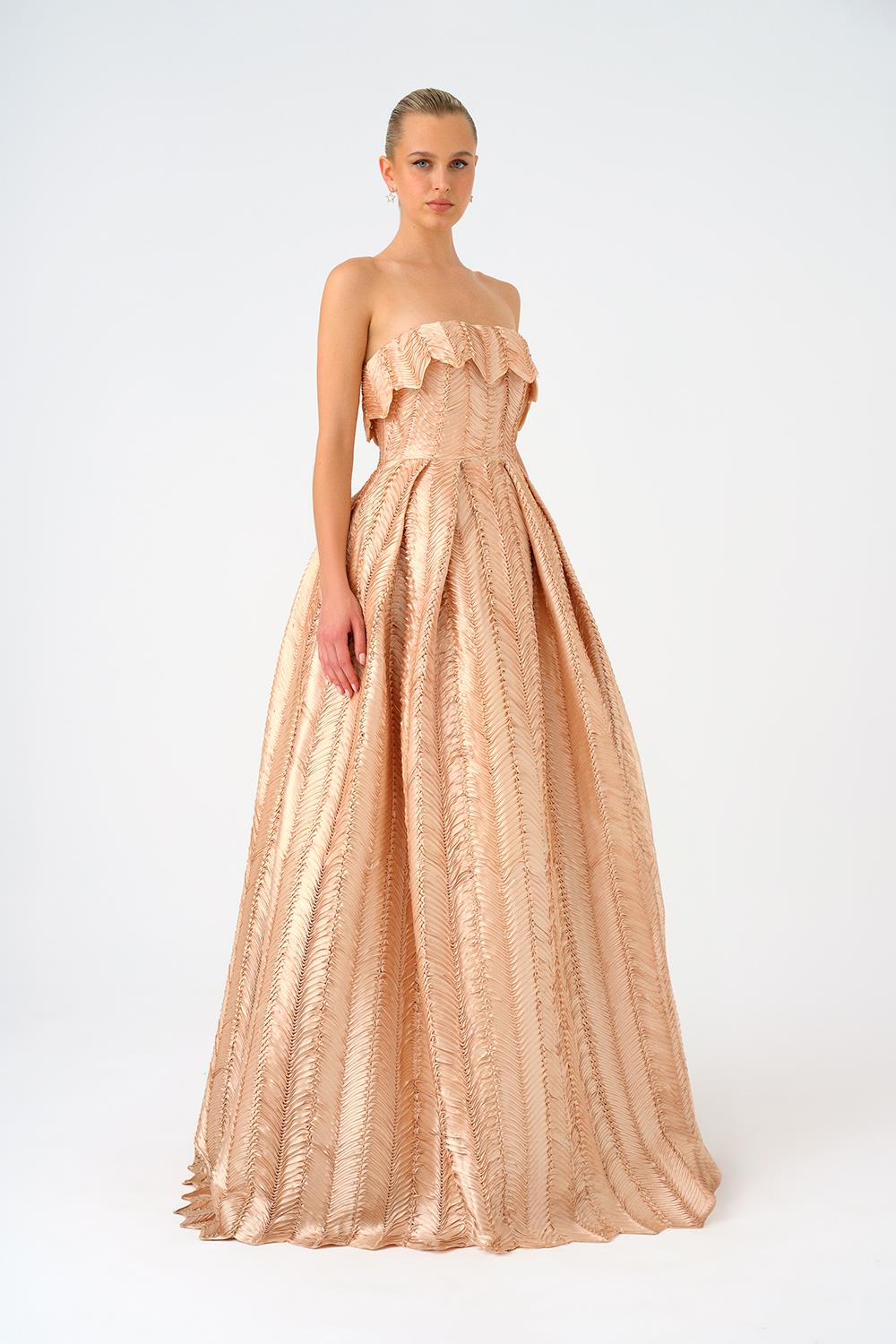 Straplez Yaka Prenses Kesim Uzun Abiye Elbise - 9050C