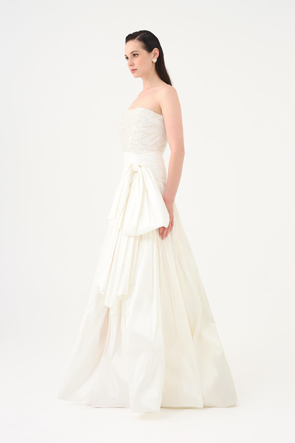 Straplez Yaka Taş Detaylı Tafta Uzun Abiye Elbise - 9164C