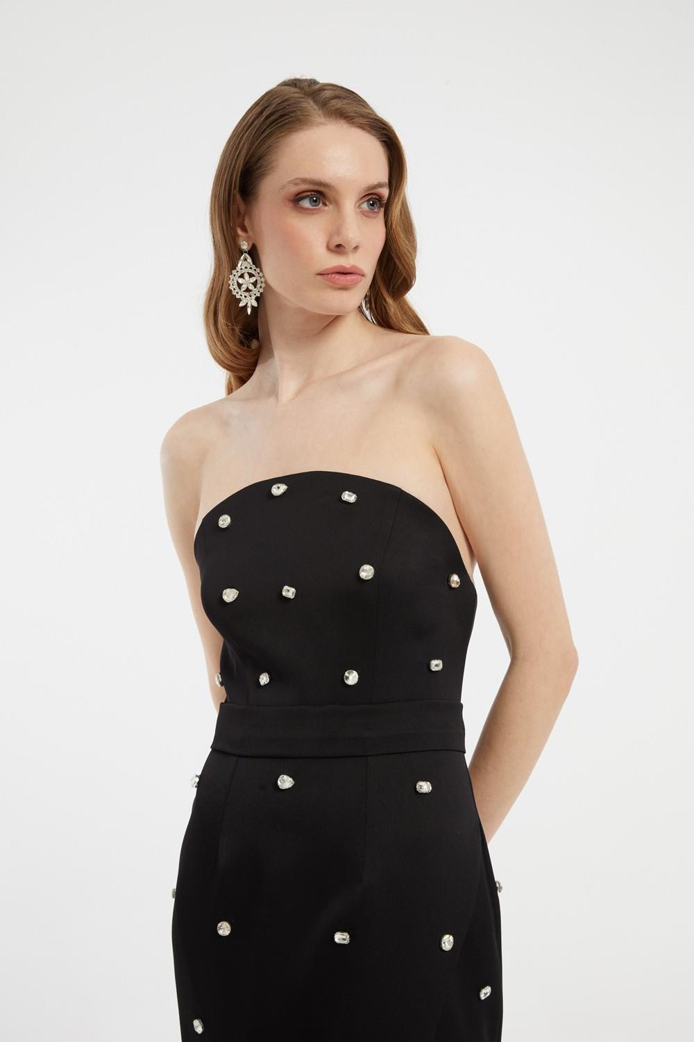 Taş İşlemeli Detaylı Straplez Yırtmaçlı Uzun Abiye Elbise - 2002C