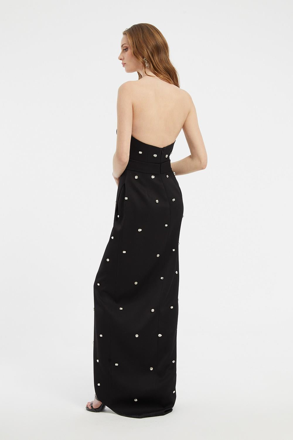 Taş İşlemeli Detaylı Straplez Yırtmaçlı Uzun Abiye Elbise - 2002C