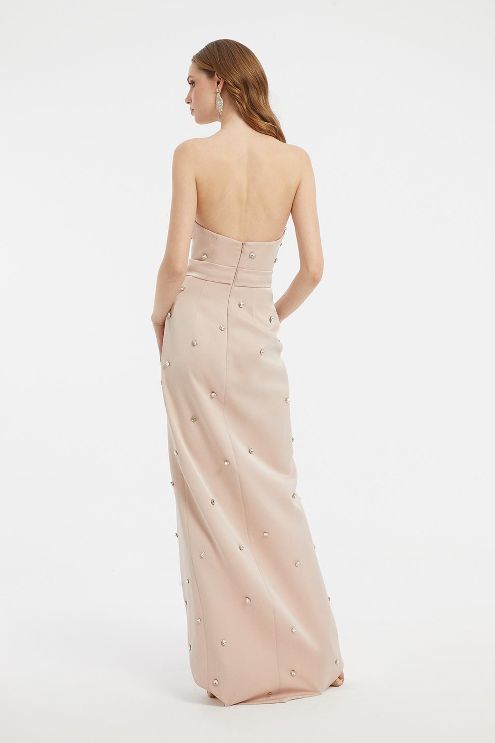 Taş İşlemeli Detaylı Straplez Yırtmaçlı Uzun Abiye Elbise - 2002C