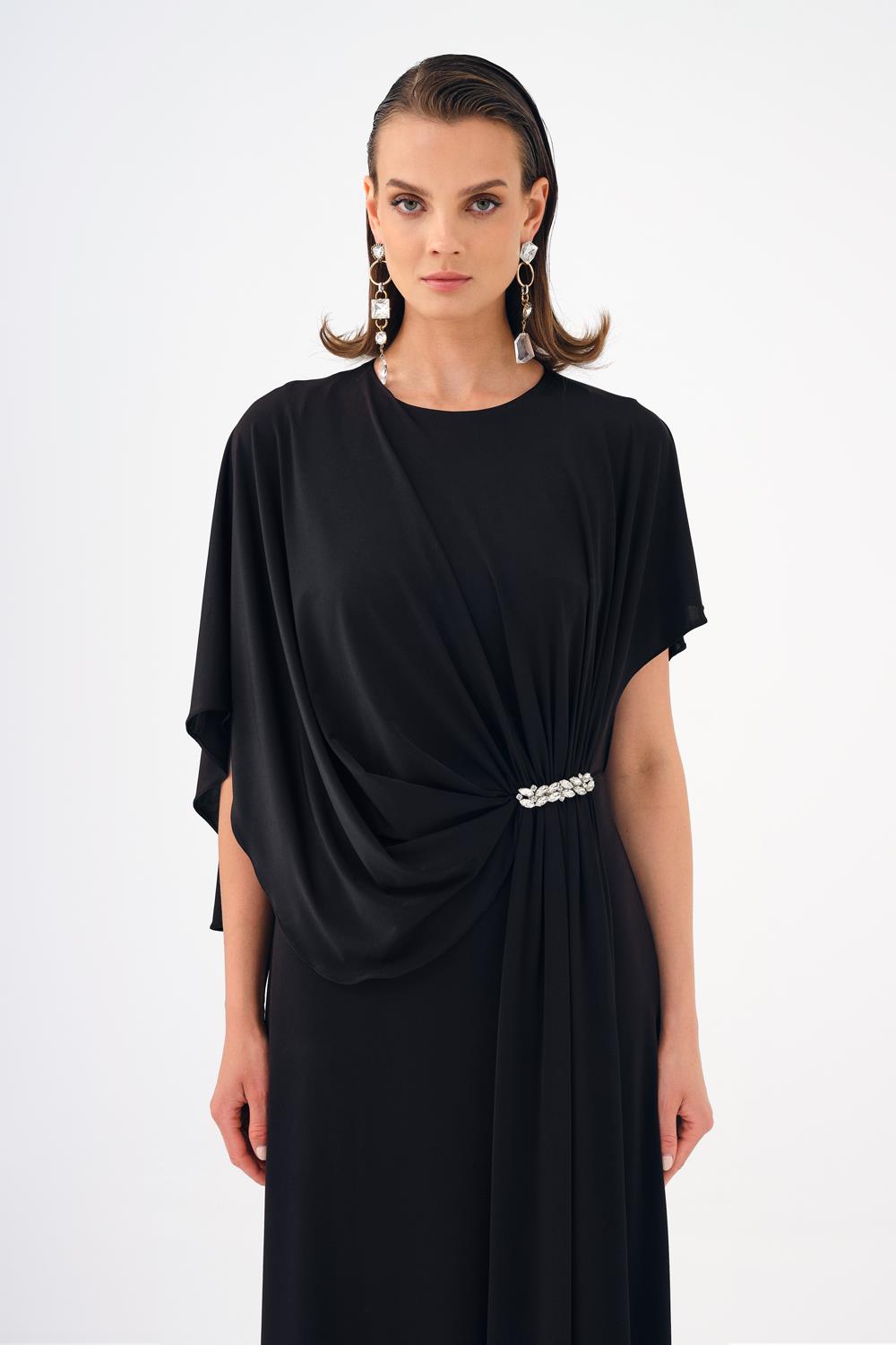 Taş İşleme Detaylı Yarım Kol Drapeli Uzun Abiye Elbise - 9023C