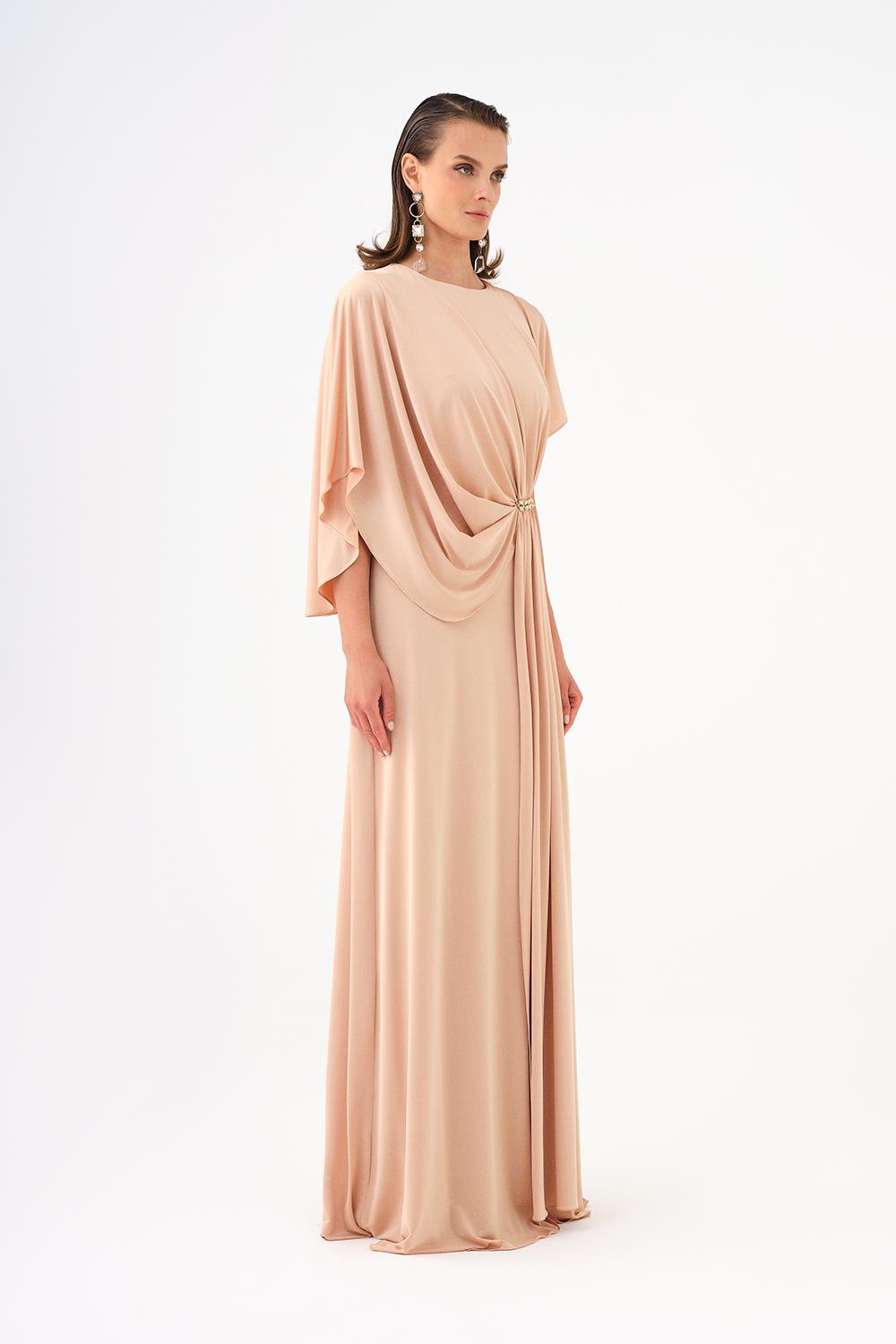 Taş İşleme Detaylı Yarım Kol Drapeli Uzun Abiye Elbise - 9023C