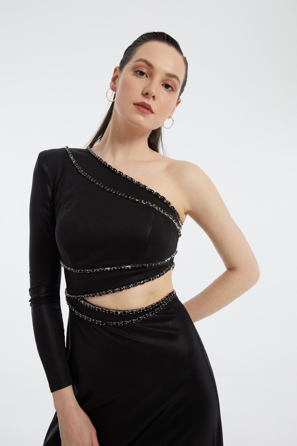 Taş İşlemeli Tek Kol Uzun Abiye Elbise - 3025C