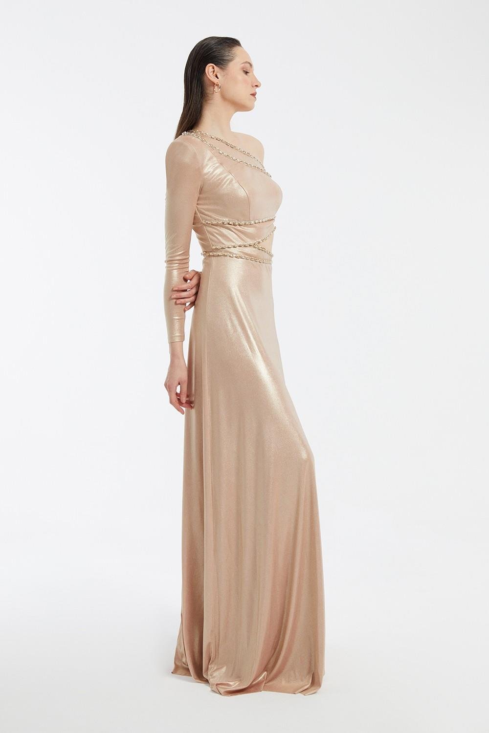 Taş İşlemeli Tek Kol Uzun Abiye Elbise - 3025C