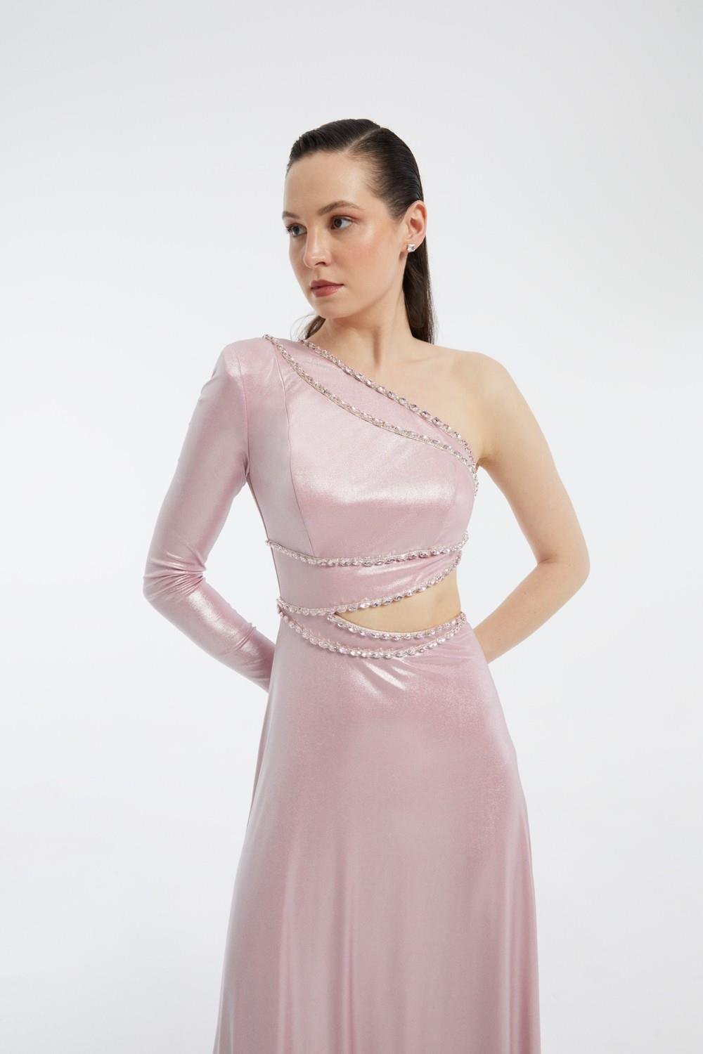 Taş İşlemeli Tek Kol Uzun Abiye Elbise - 3025C