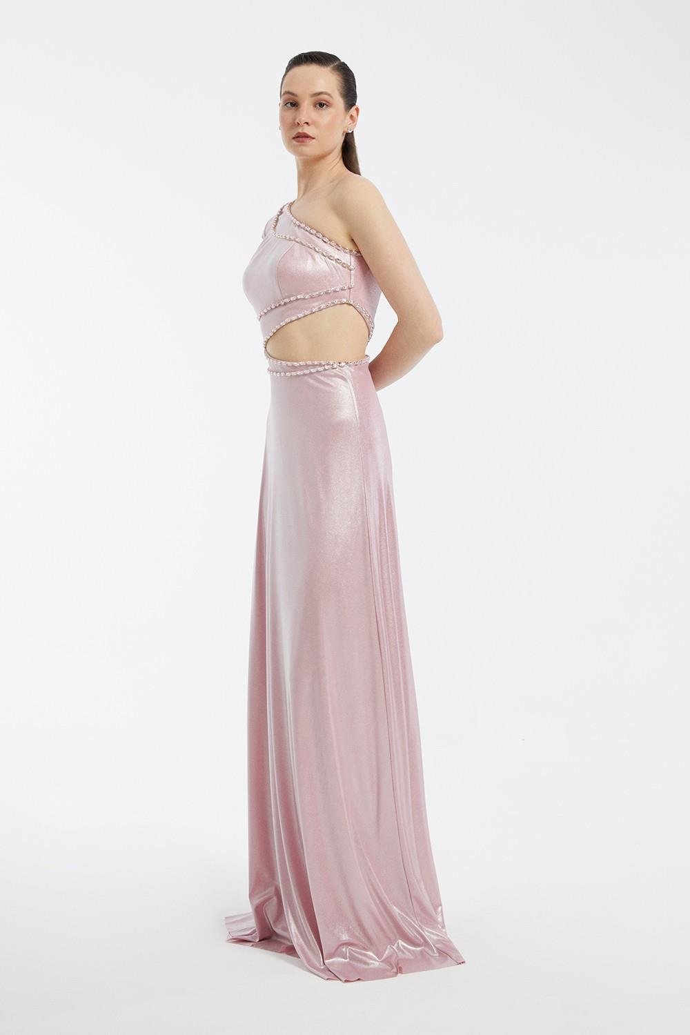 Taş İşlemeli Tek Kol Uzun Abiye Elbise - 3025C