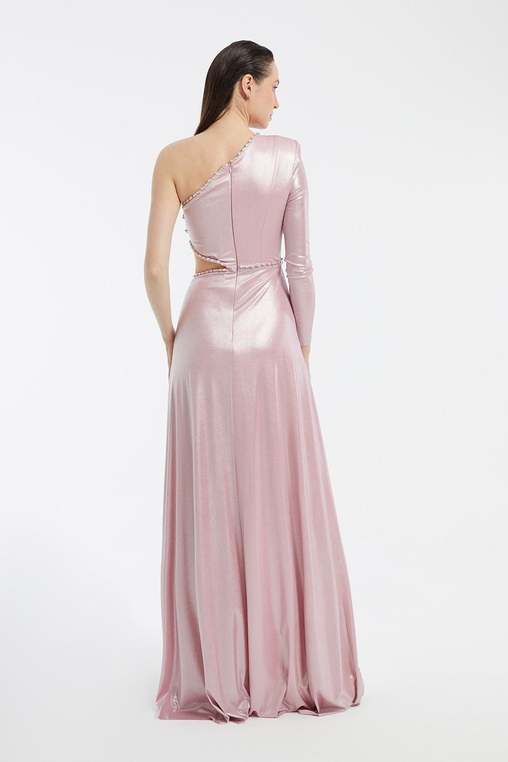 Taş İşlemeli Tek Kol Uzun Abiye Elbise - 3025C