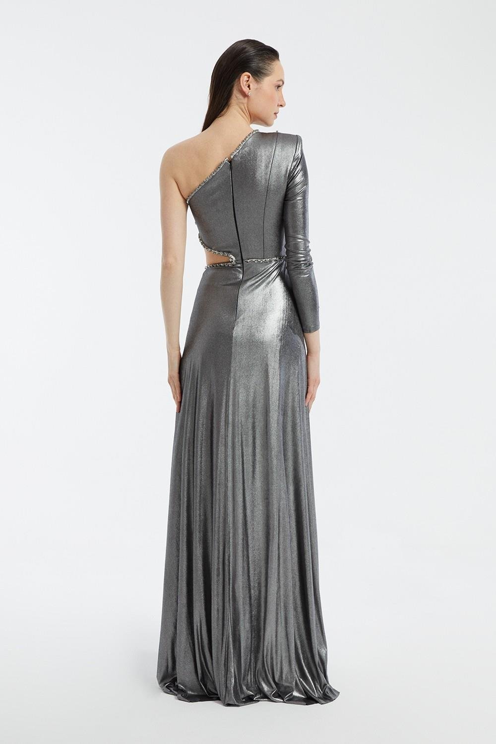 Taş İşlemeli Tek Kol Uzun Abiye Elbise - 3025C