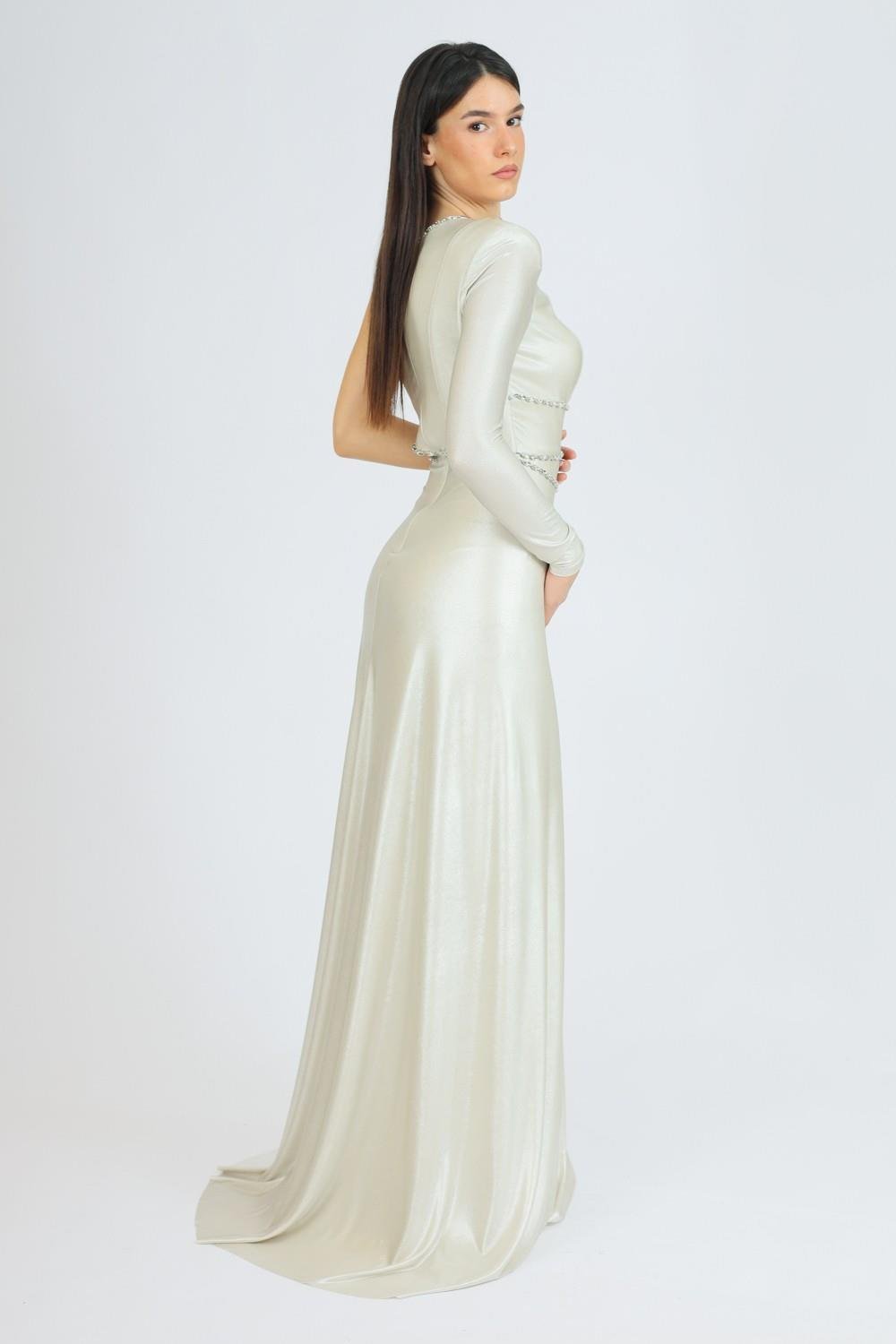 Taş İşlemeli Tek Kol Uzun Abiye Elbise - 3025C