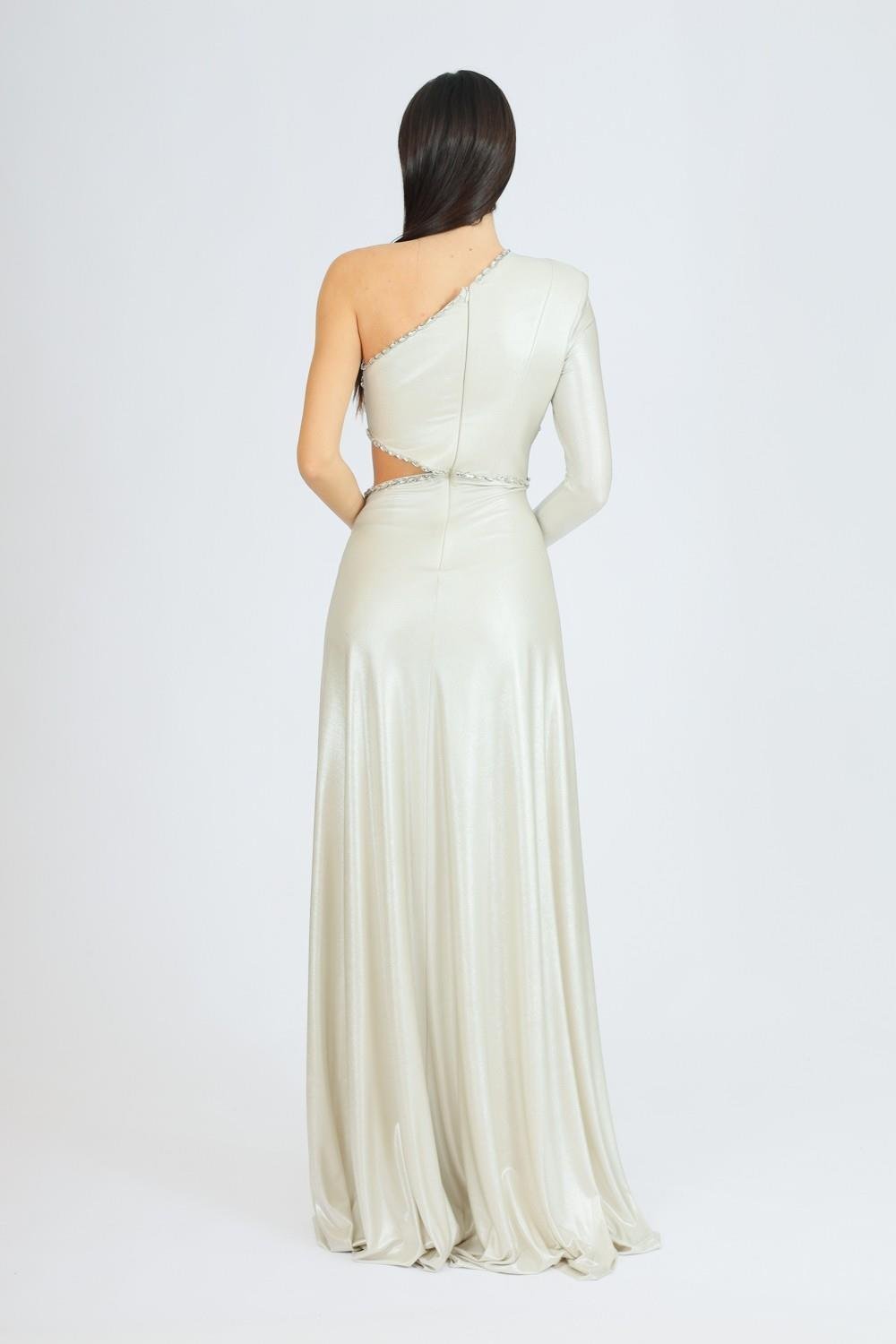 Taş İşlemeli Tek Kol Uzun Abiye Elbise - 3025C