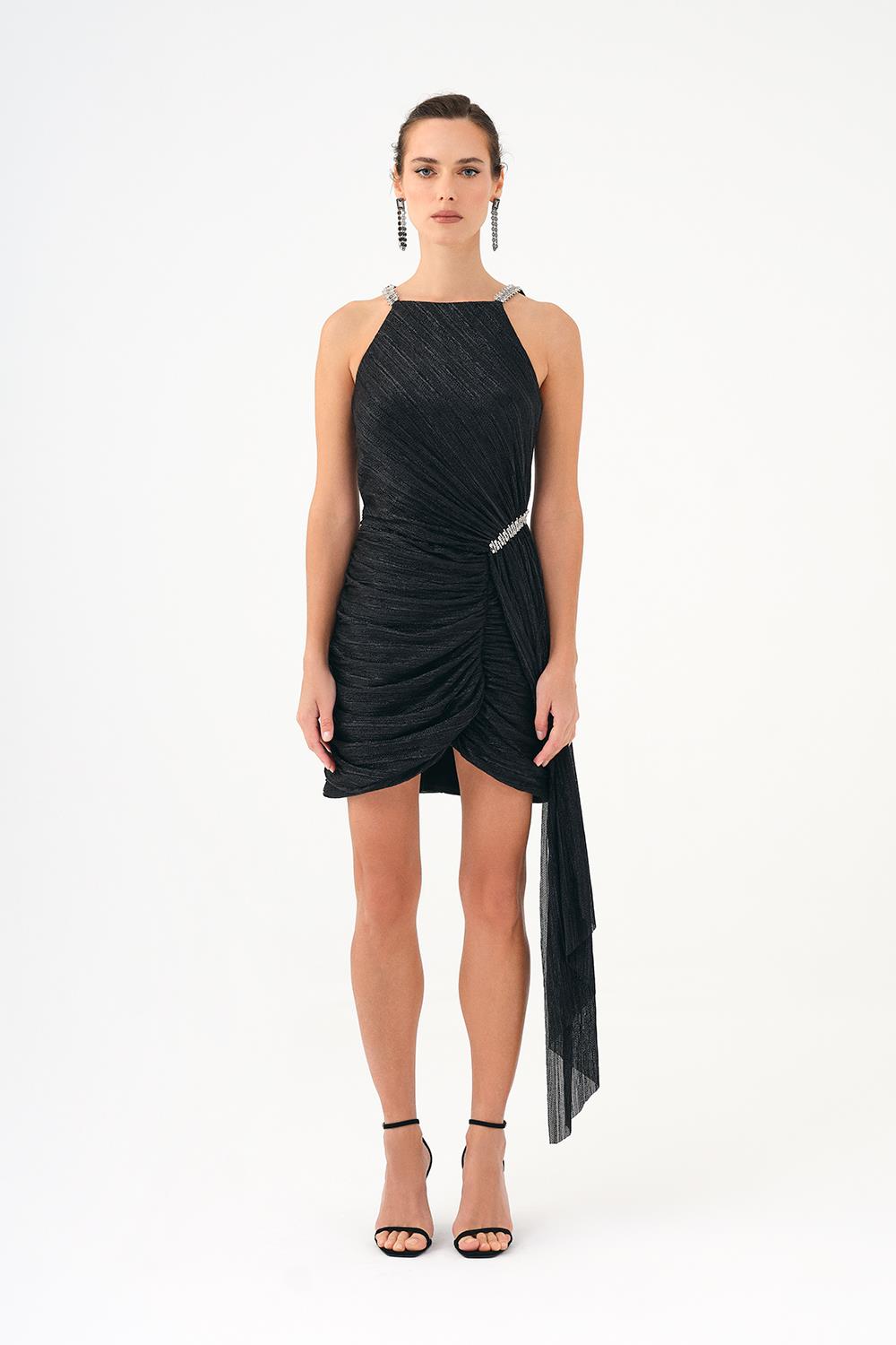 Taşlı Drape Detaylı Mini Abiye Elbise - 9009C