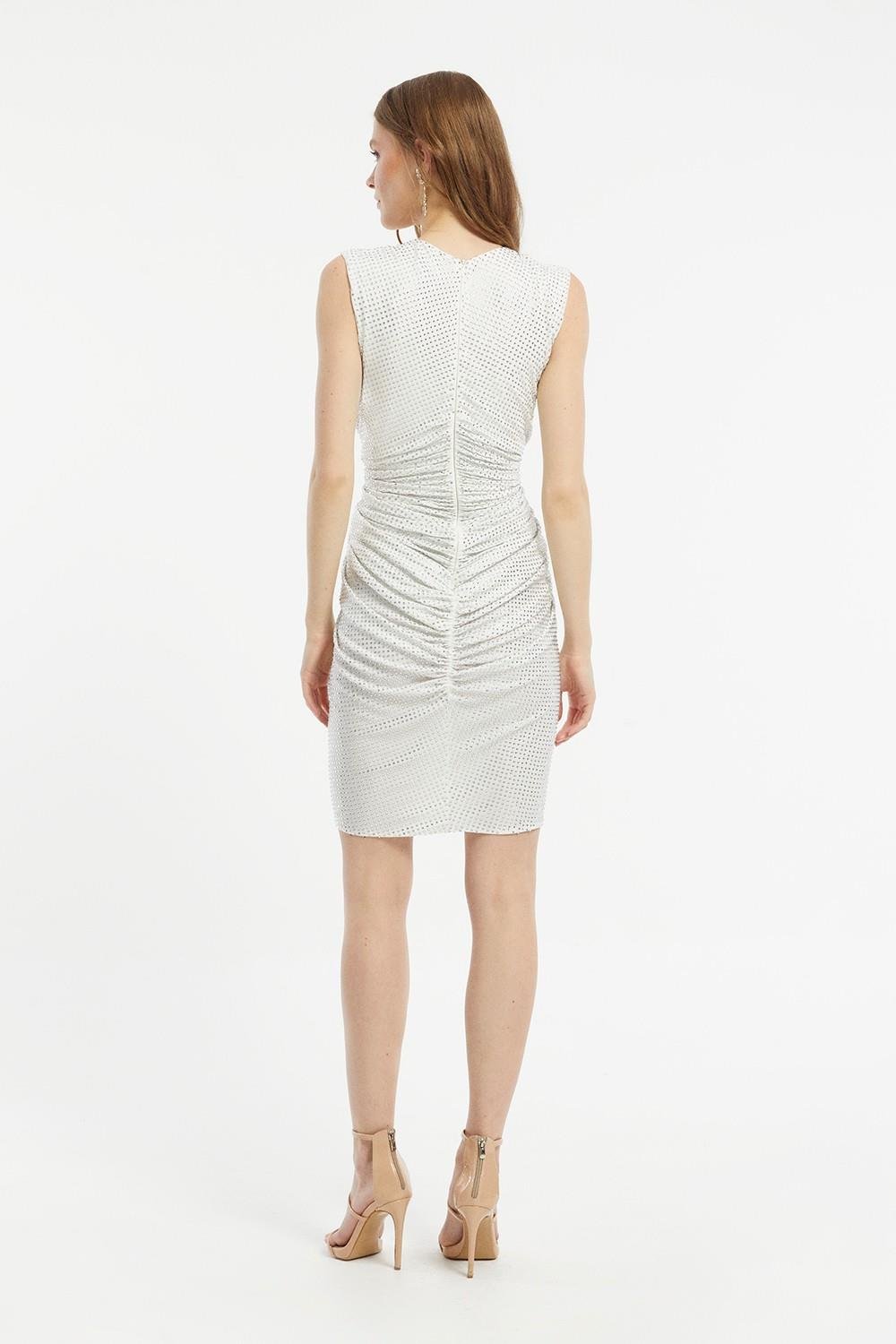 Taşlı Kumaş Detaylı V Yaka Mini Abiye Elbise - 3011K