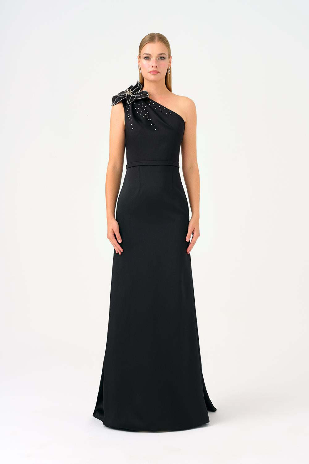 Tek Omuz Çiçek Detaylı Saten Uzun Abiye Elbise - 9125C