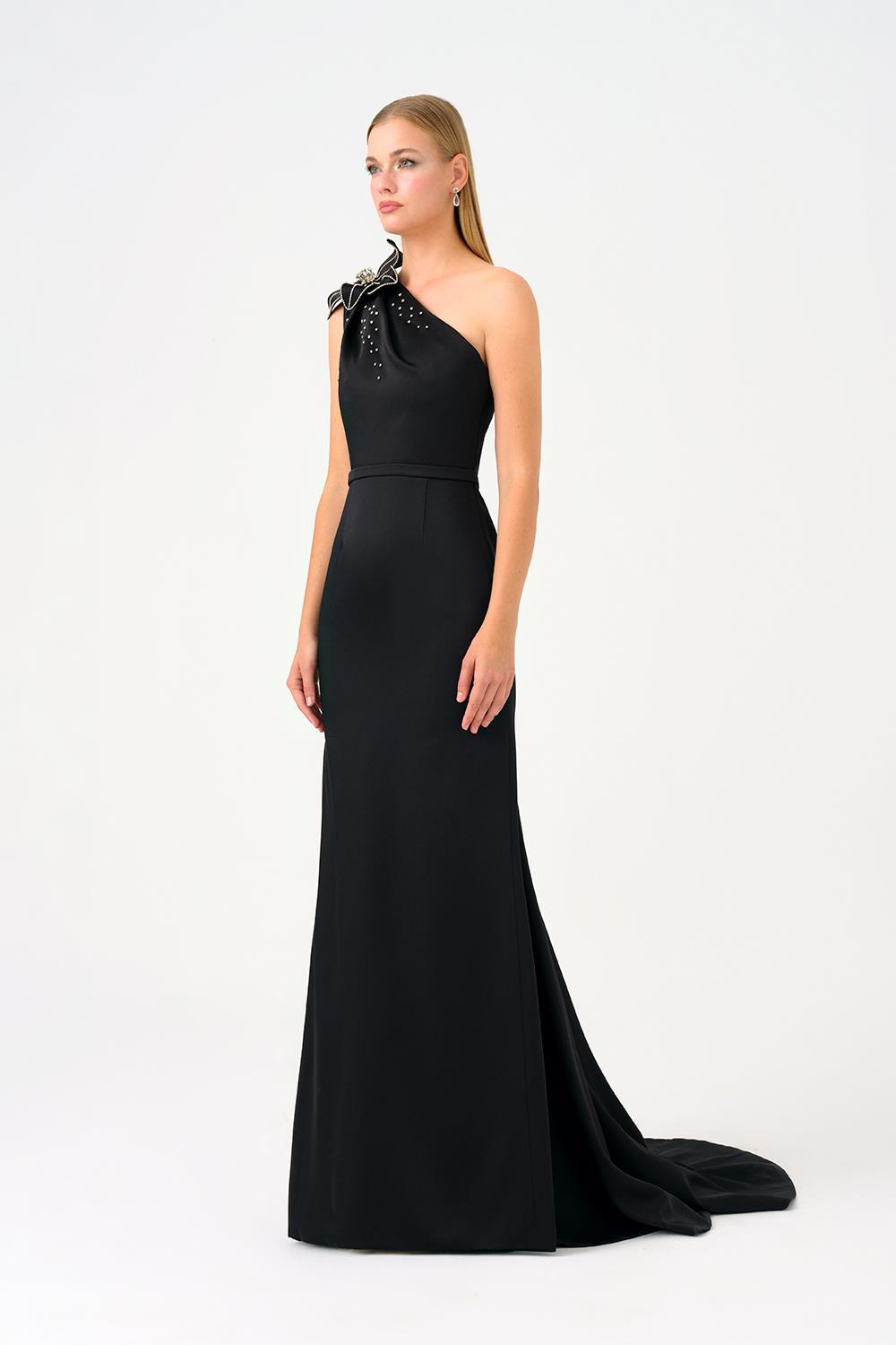 Tek Omuz Çiçek Detaylı Saten Uzun Abiye Elbise - 9125C