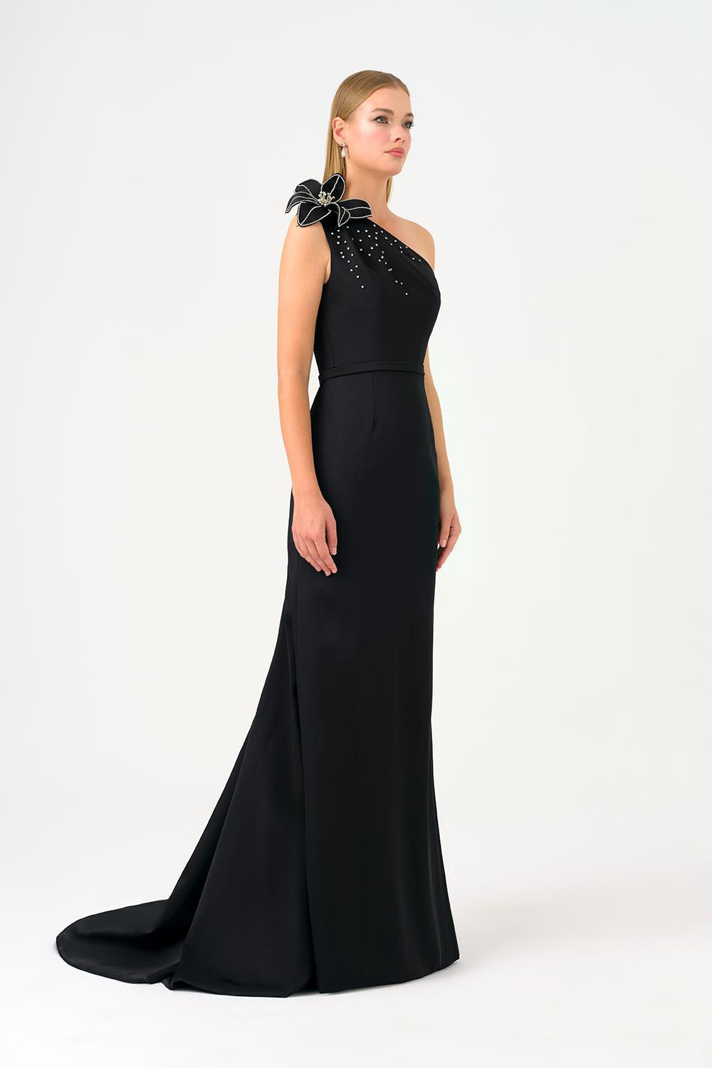 Tek Omuz Çiçek Detaylı Saten Uzun Abiye Elbise - 9125C