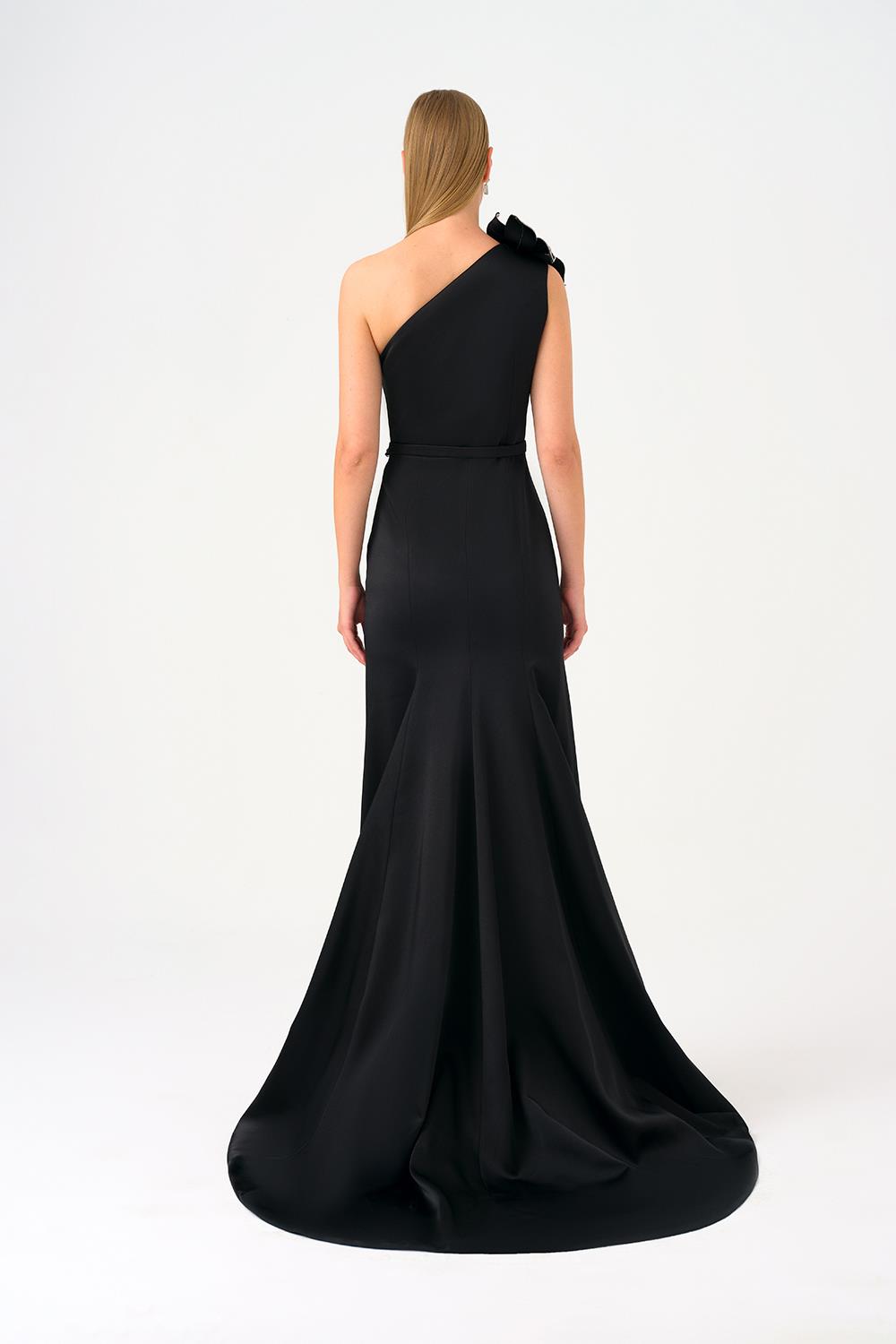 Tek Omuz Çiçek Detaylı Saten Uzun Abiye Elbise - 9125C