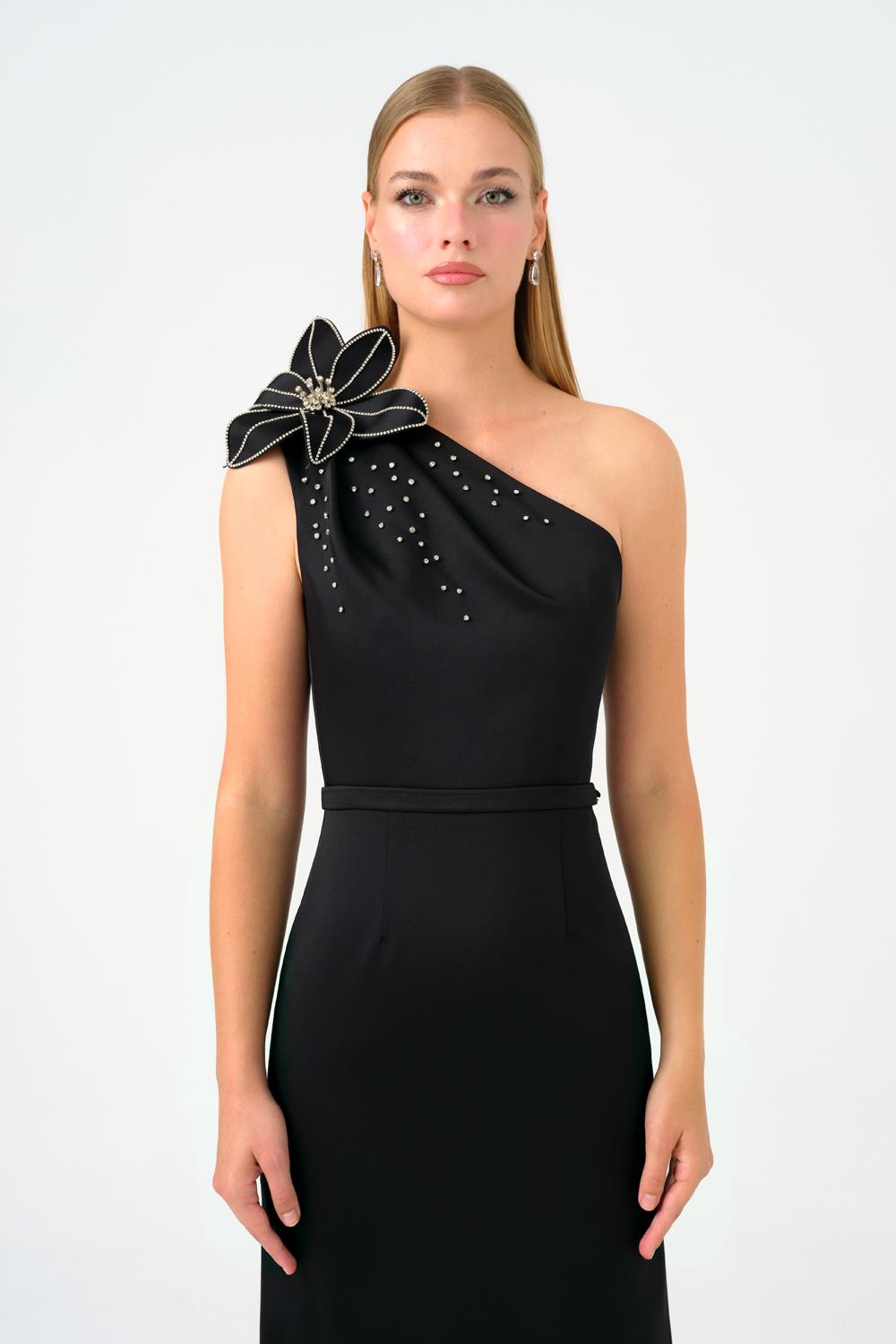 Tek Omuz Çiçek Detaylı Saten Uzun Abiye Elbise - 9125C