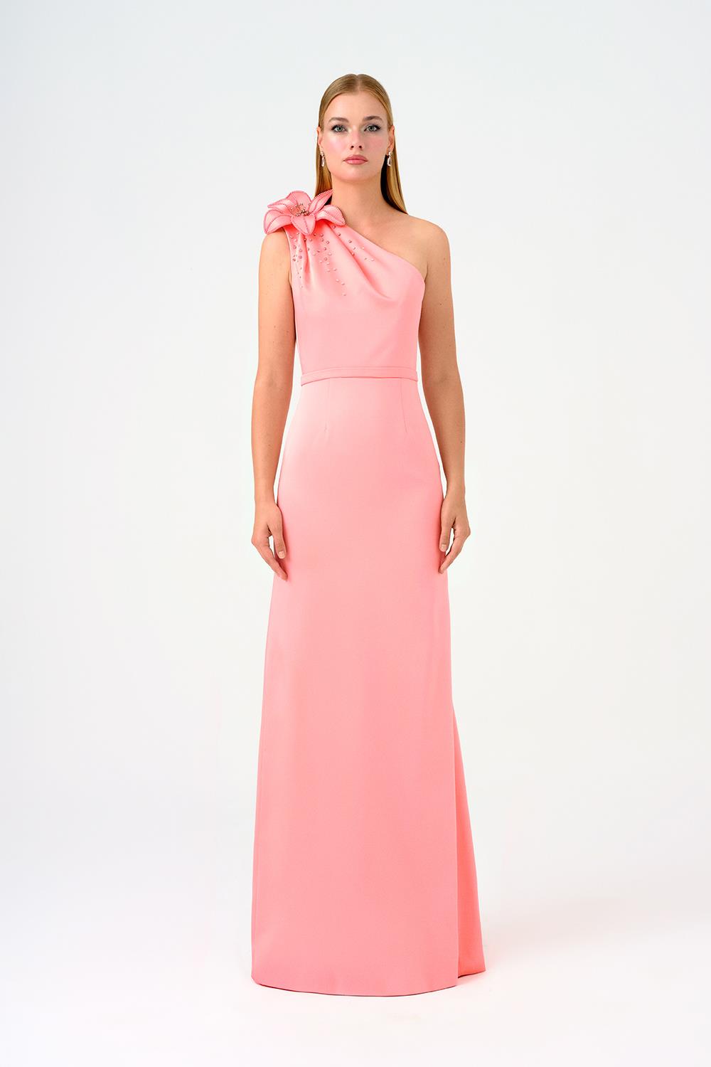 Tek Omuz Çiçek Detaylı Saten Uzun Abiye Elbise - 9125C