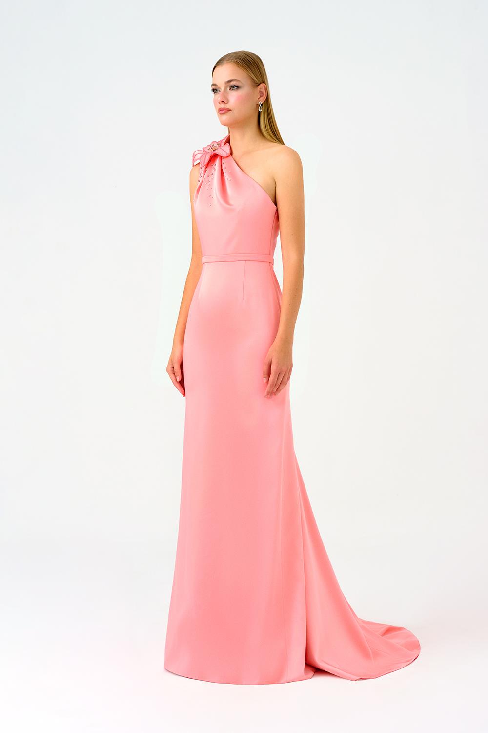 Tek Omuz Çiçek Detaylı Saten Uzun Abiye Elbise - 9125C