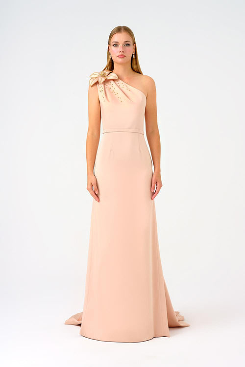 Tek Omuz Çiçek Detaylı Saten Uzun Abiye Elbise - 9125C