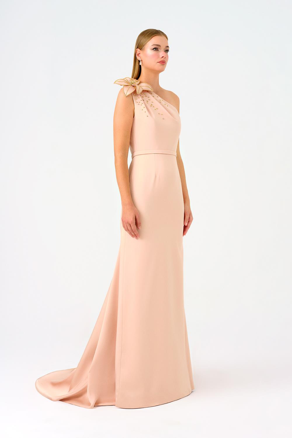 Tek Omuz Çiçek Detaylı Saten Uzun Abiye Elbise - 9125C