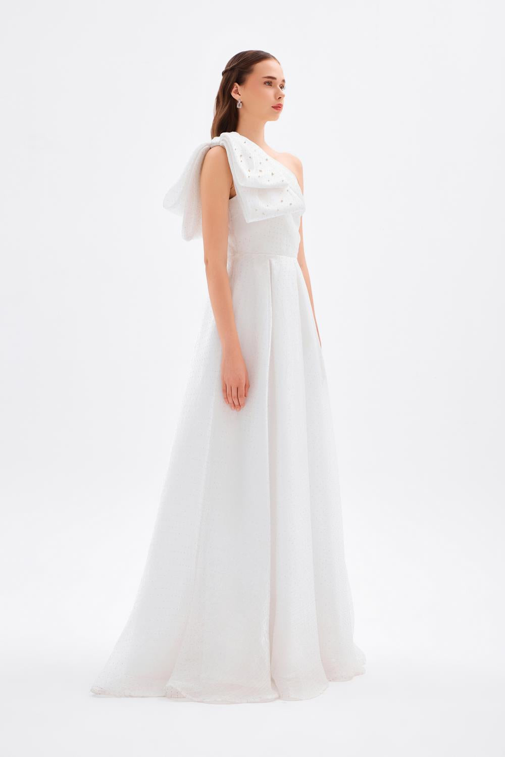 Tek Omuz Fiyonk Detaylı Uzun Abiye Elbise - 9062C