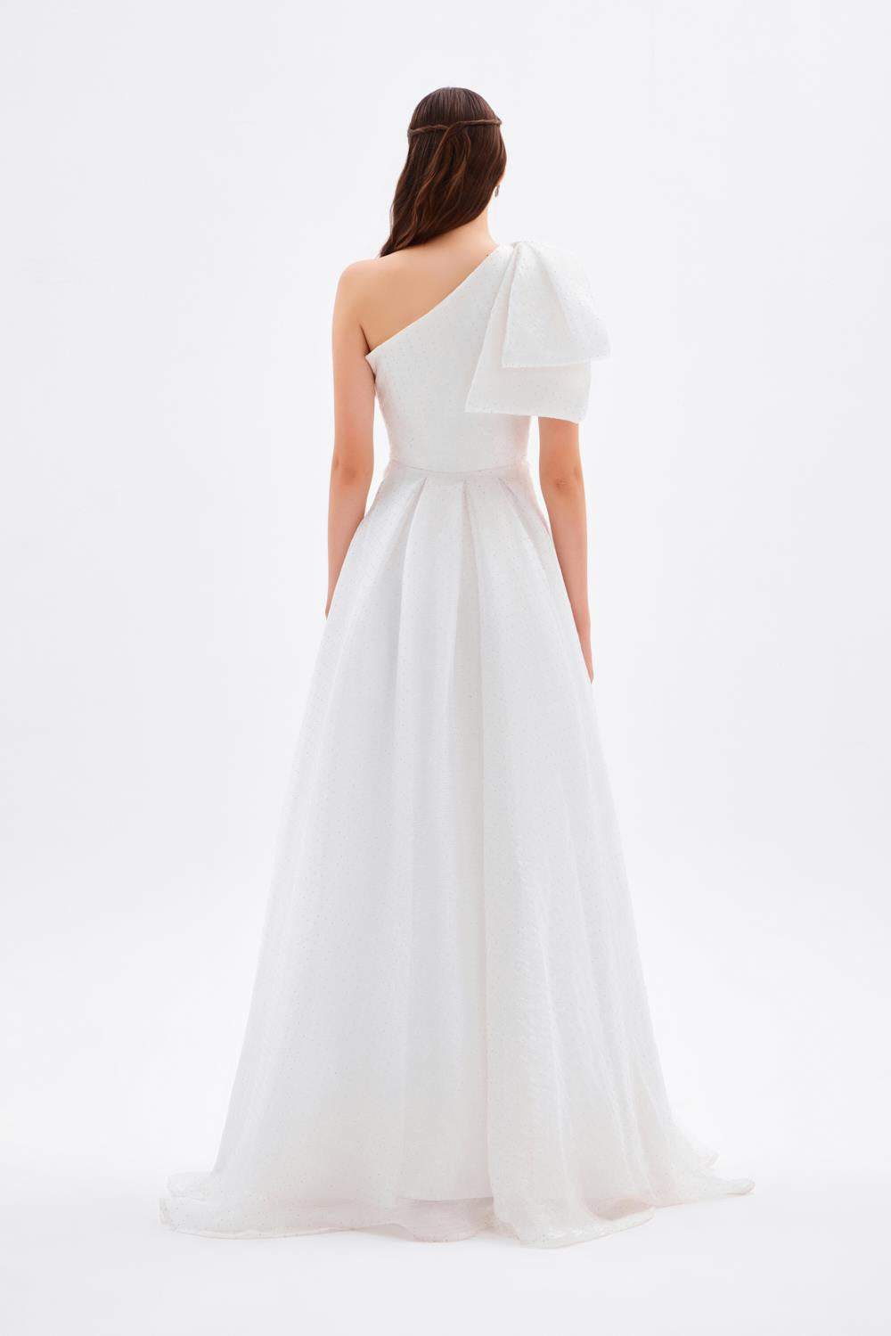 Tek Omuz Fiyonk Detaylı Uzun Abiye Elbise - 9062C